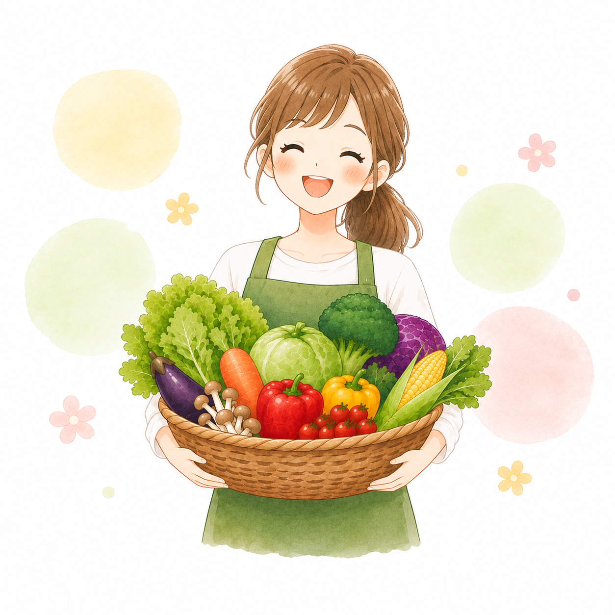 たくさんの野菜の入ったかごを持つ女性
