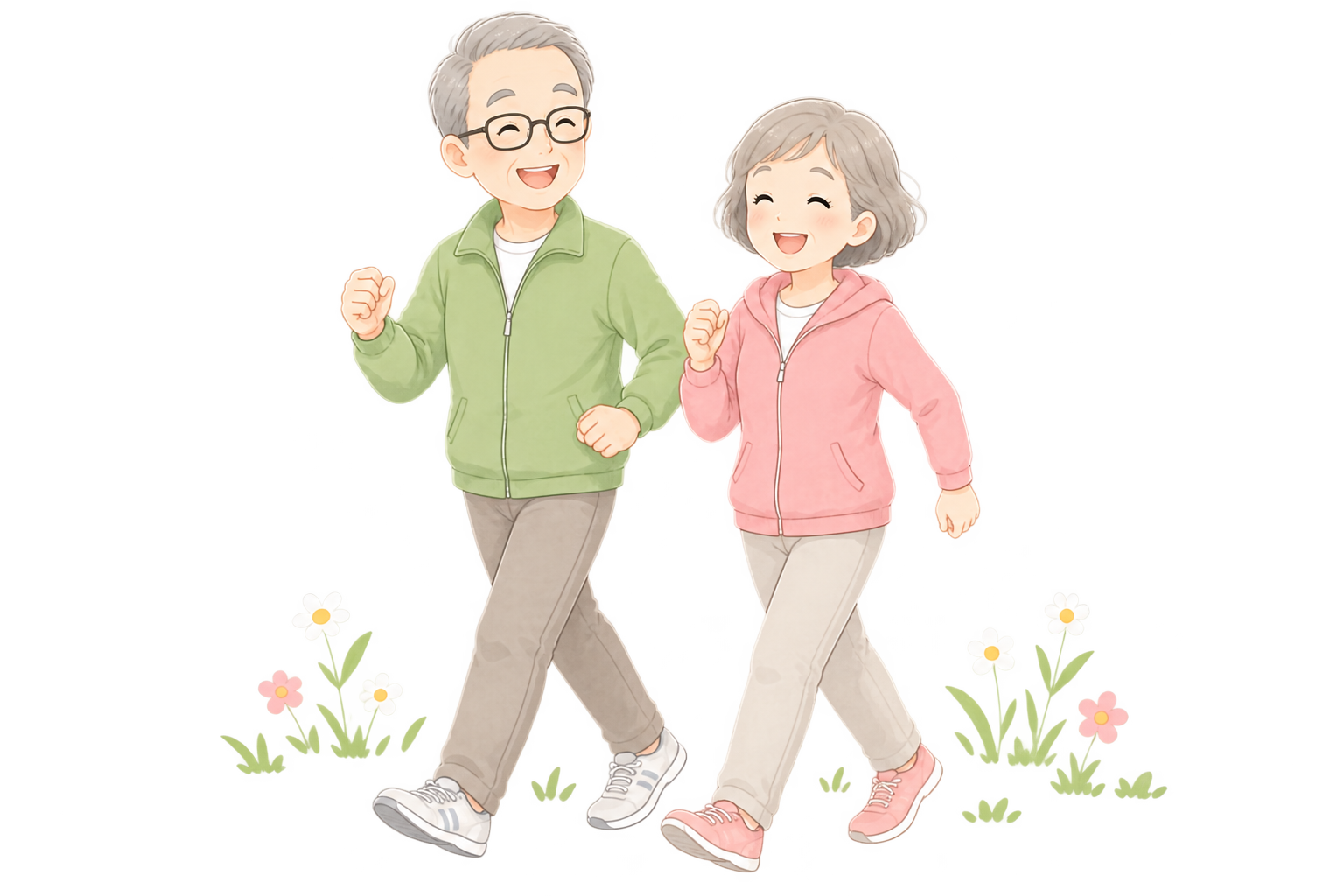 健康のために楽しく歩く高齢者